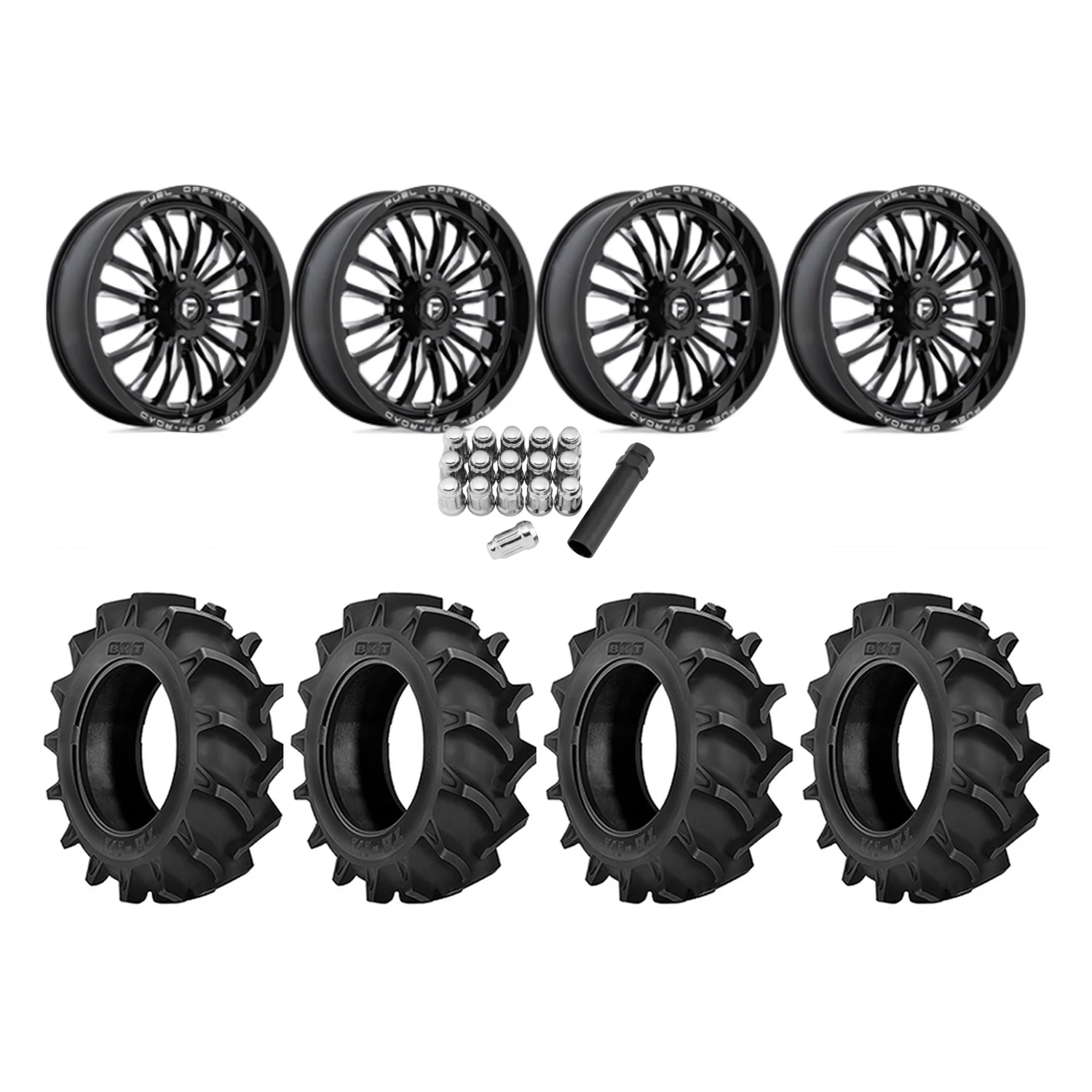 BKT TR 171 44x11.2-24 Tires on Fuel Arc Gloss Black Milled Wheels